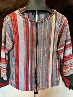 Chaps Striped Zip-Front Women’s Sweater in Red, Blue & Cream Sz M